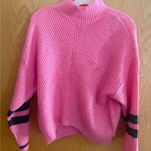 Express Vibrant Pink Turtleneck Sweater with Bold Black Sleeve Stripes